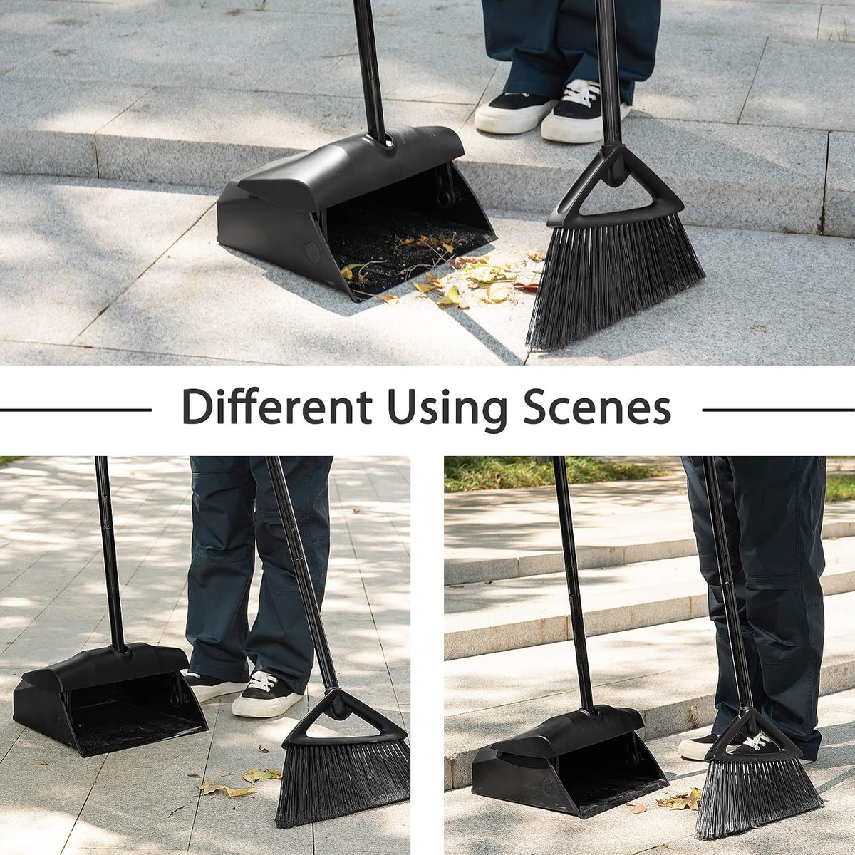 Eyliden Commercial Angle Broom and Dustpan Combo with Long Handle and Lid | High Capacity, Upright Locking Mechanism, Windproof Outdoor Dustpan and Broom Combo for Garden Yard Patio Commercial Garage