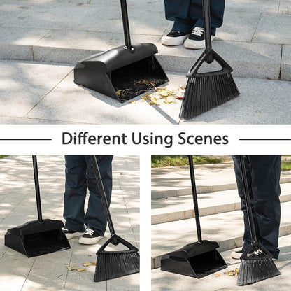 Eyliden Commercial Angle Broom and Dustpan Combo with Long Handle and Lid | High Capacity, Upright Locking Mechanism, Windproof Outdoor Dustpan and Broom Combo for Garden Yard Patio Commercial Garage