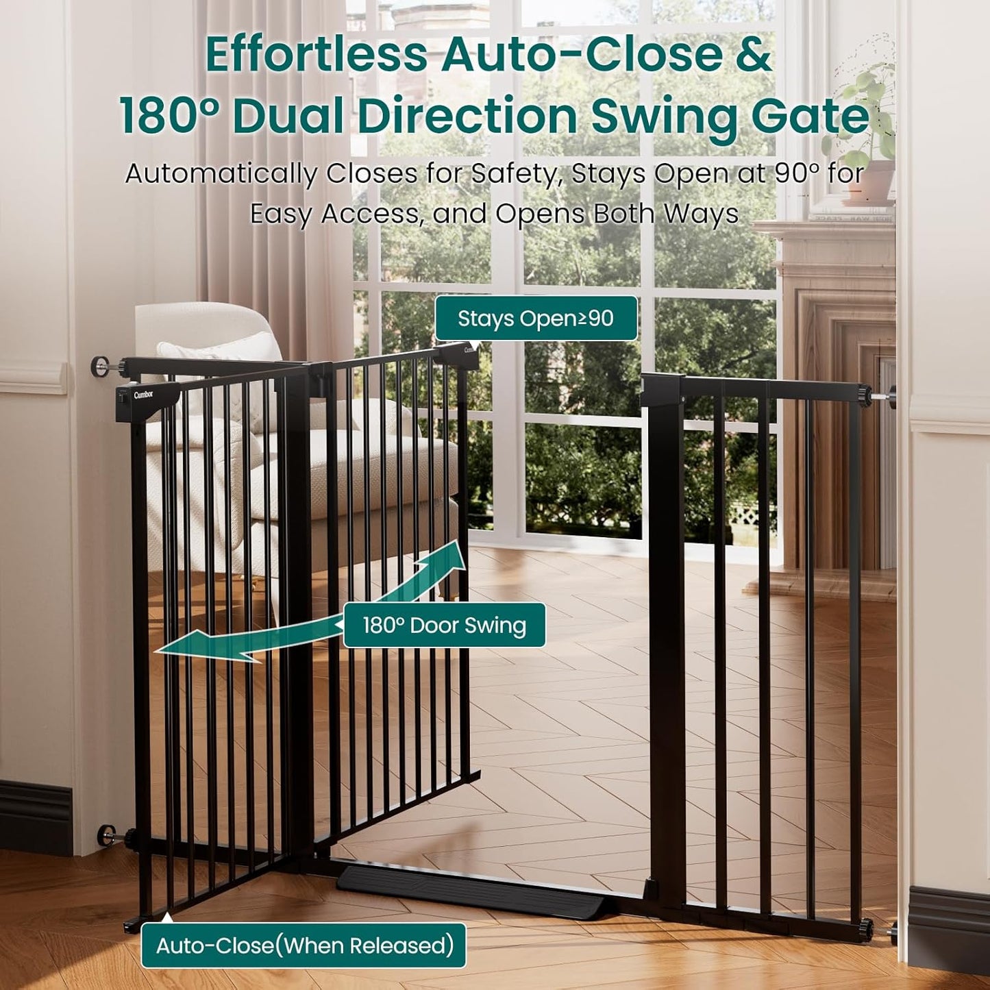Cumbor 30-46" Baby Gate for Stairs, Mom's Choice Awards Winner-Auto Close Dog Gate for The House, Gifts for Mom, Easy Install Pressure Mounted Pet Gates for Doorways, Black