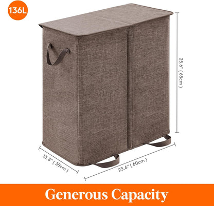Lifewit Double Laundry Hamper with Lid and Removable Laundry Bags, Large Collapsible 2 Dividers Dirty Clothes Basket with Handles for Bedroom Laundry Room Closet Bathroom College, 136L Beige