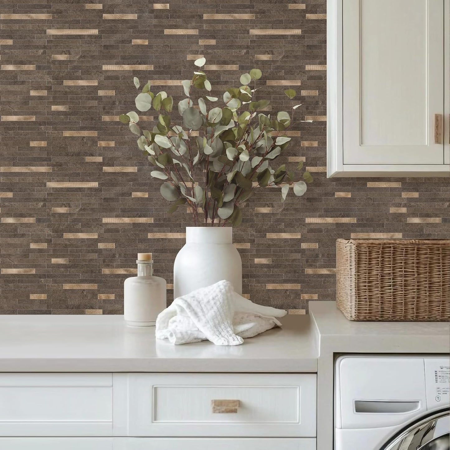 STICKGOO 20 Sheets Peel and Stick Backsplash Tile, Stick on Backsplash for Kitchen and Bathroom, White Sandstone Look PVC Mixed Metal Gold Self Adhesive Wall Tiles