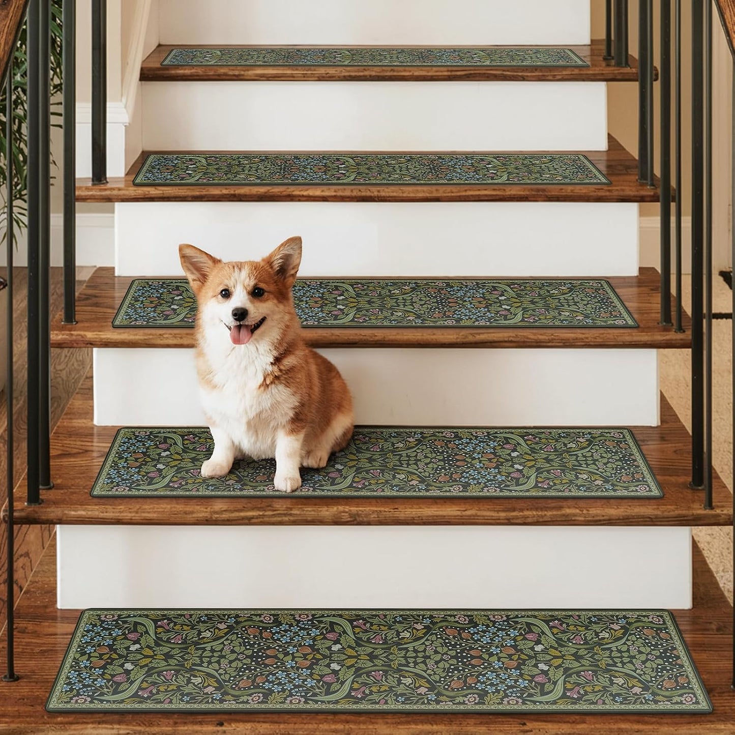 OJIA Floral Stair Treads Non-Slip Stair Runner for Wooden Steps Indoor 15PCS 30"x8" Carpet Stair Treads Stair Mats Staircase Step Treads for Kids, Elders and Dogs, Stair Covers, Black