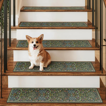OJIA Floral Stair Treads Non-Slip Stair Runner for Wooden Steps Indoor 15PCS 30"x8" Carpet Stair Treads Stair Mats Staircase Step Treads for Kids, Elders and Dogs, Stair Covers, Black