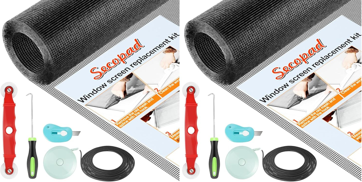 Secopad Window Screen Door Repair Kit, 48" x 177" Screen Door Mesh Replacement Kit, Durable Fiberglass Mesh Roll with Tools for Windows Doors Patio and Porch Replacement, Black
