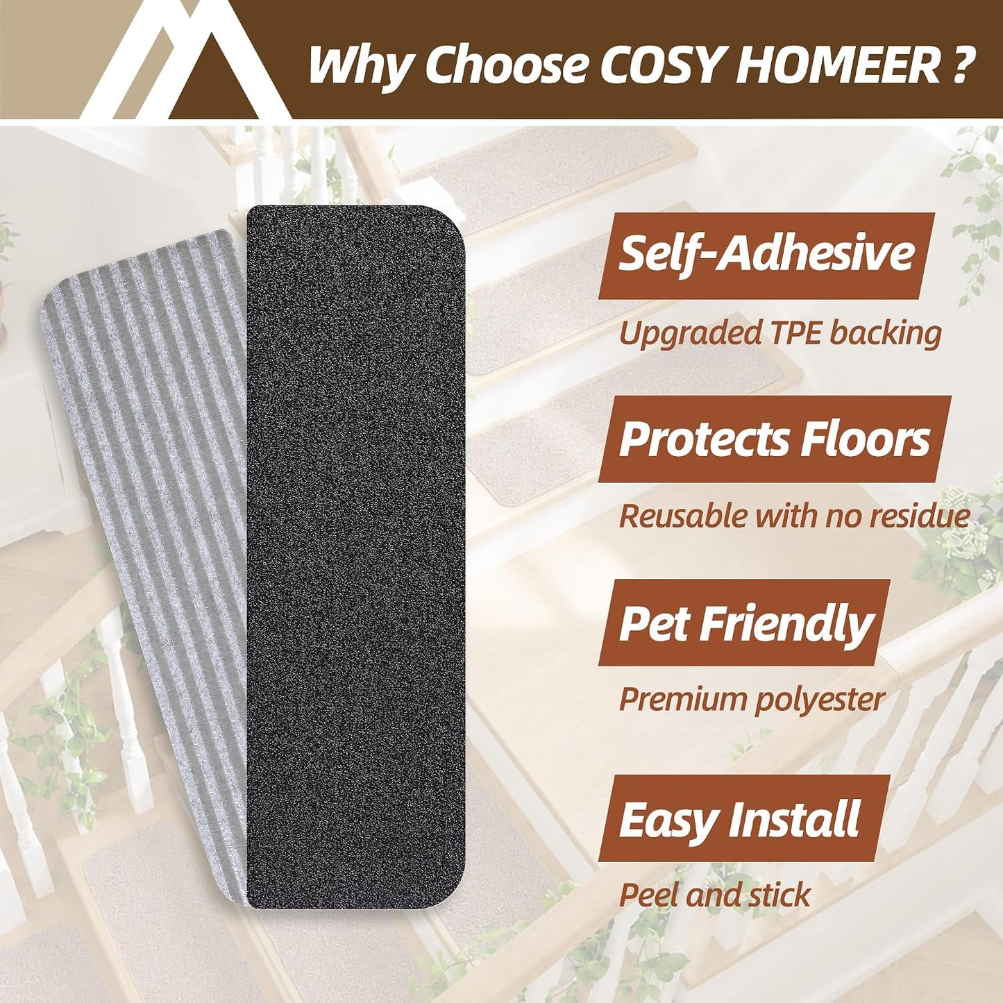 COSY HOMEER Stair Treads for Wooden Steps Non-Slip Carpet Mat,4pcs,Brown | Cut to Size,Peel and Stick,Washable,Residue Free,Self Adhesive,Stair Runner for Kid Elder Pet,28“x9”Carpet Stair Treads
