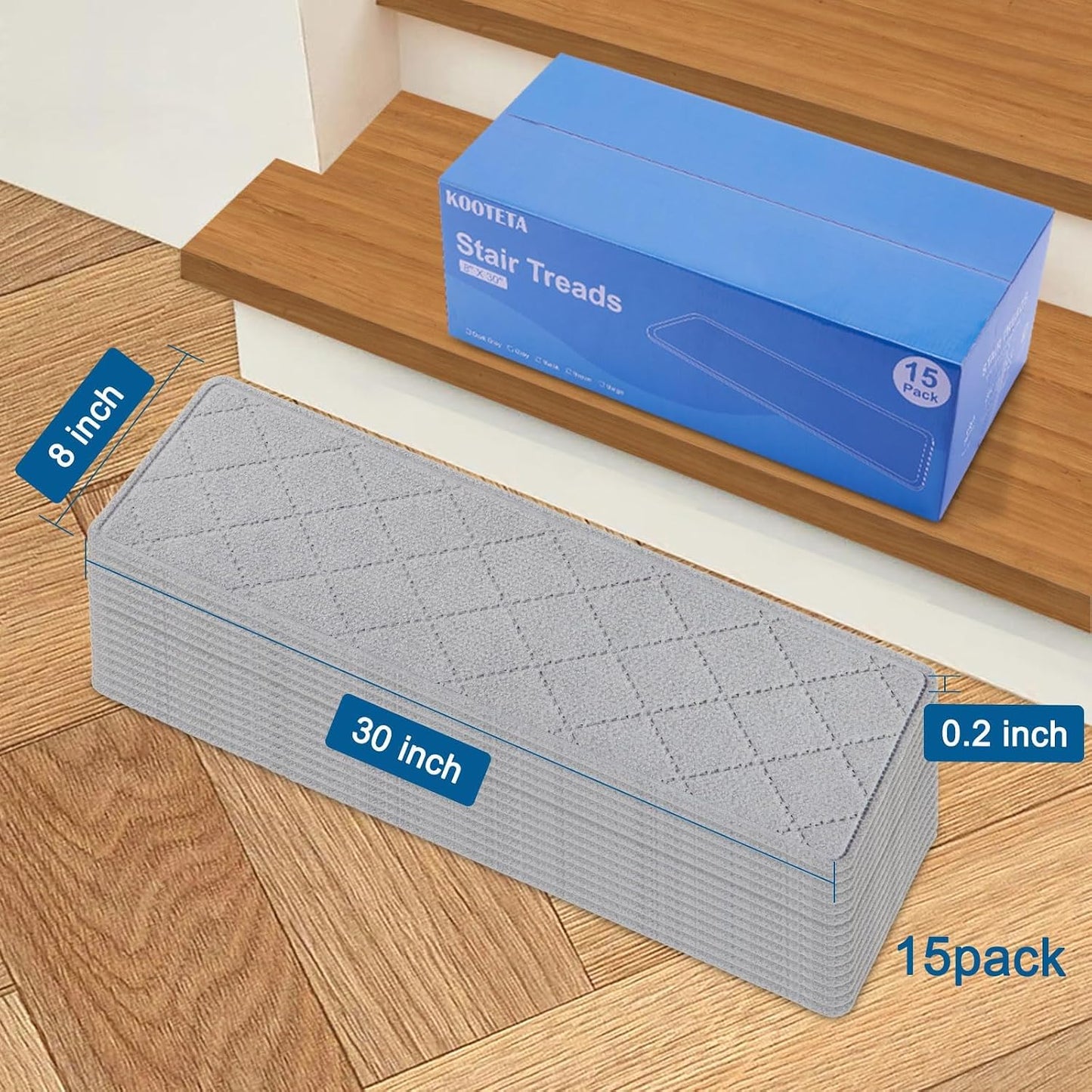 KOOTETA Stair Treads for Wooden Steps Indoor, 15 Pack 8" X 30" Non Slip Carpet Stair Treads with Reusable Adhesive for Kids Elders and Dogs, Surface Polyester TPR Backing Stair Runner Rugs, Dark Grey