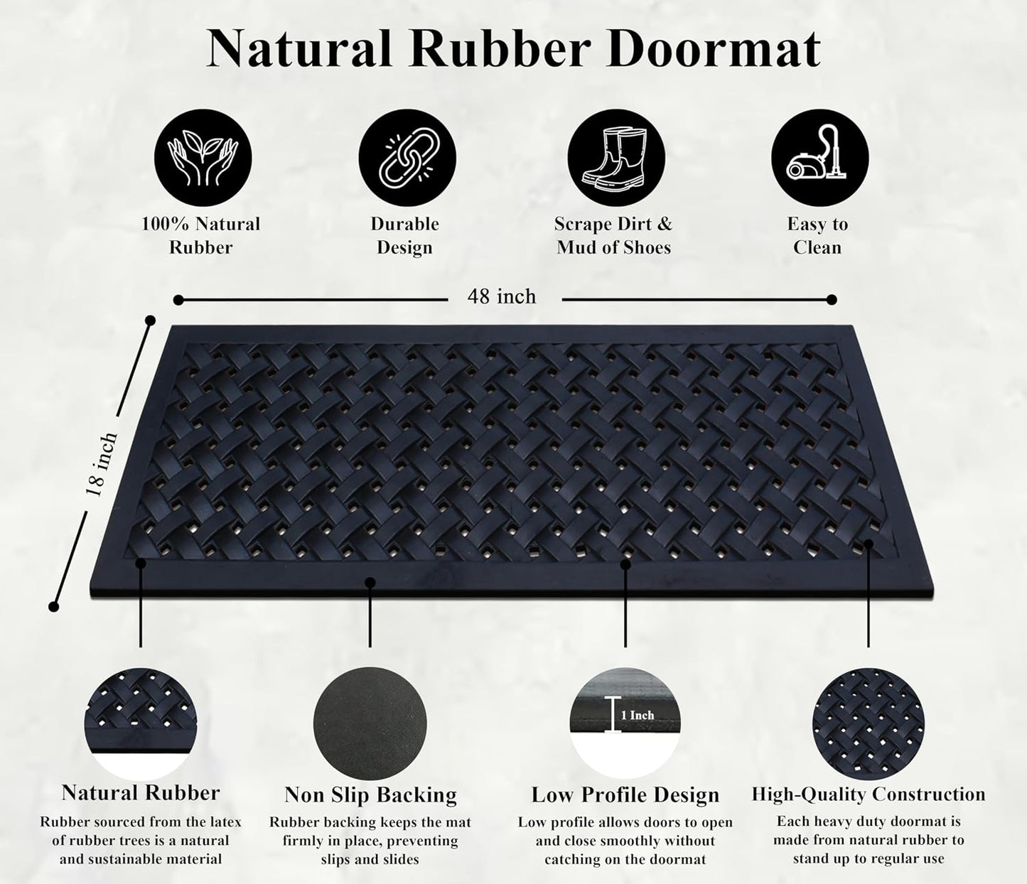 A1HC Outdoor Doormat, Natural Rubber, 18" x48”, Ideal for Outside entryway,Dirt Shoe Scraper,Heavy Duty Door mat for Indoor Outdoor,Rug Mats for Entry,Patio, Welcome Mats