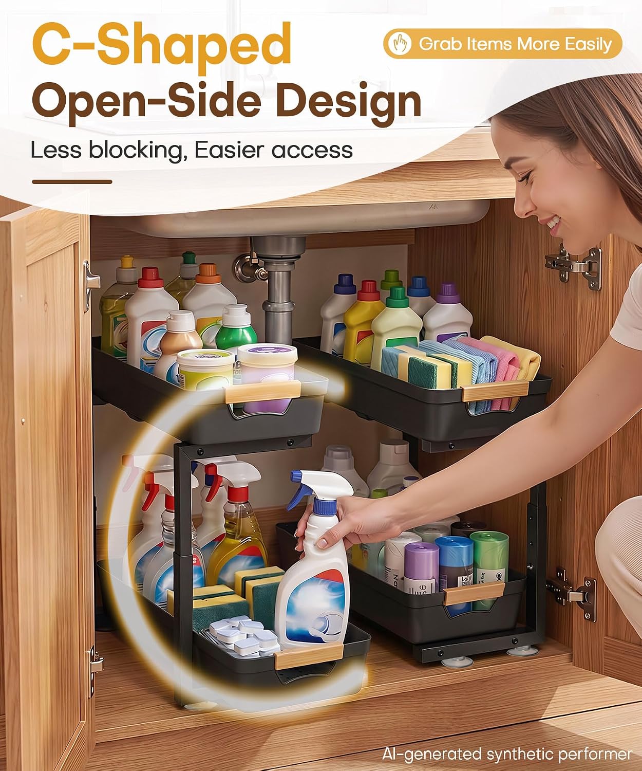 Homde Sliding Under Sink Organizer: 2 Pack 2-Tier Cabinet Shelf with Upper & Lower Pull-Out Baskets - C-Shaped 3 Adjustable Heights for Kitchen Bathroom