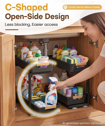 Homde Sliding Under Sink Organizer: 2 Pack 2-Tier Cabinet Shelf with Upper & Lower Pull-Out Baskets - C-Shaped 3 Adjustable Heights for Kitchen Bathroom