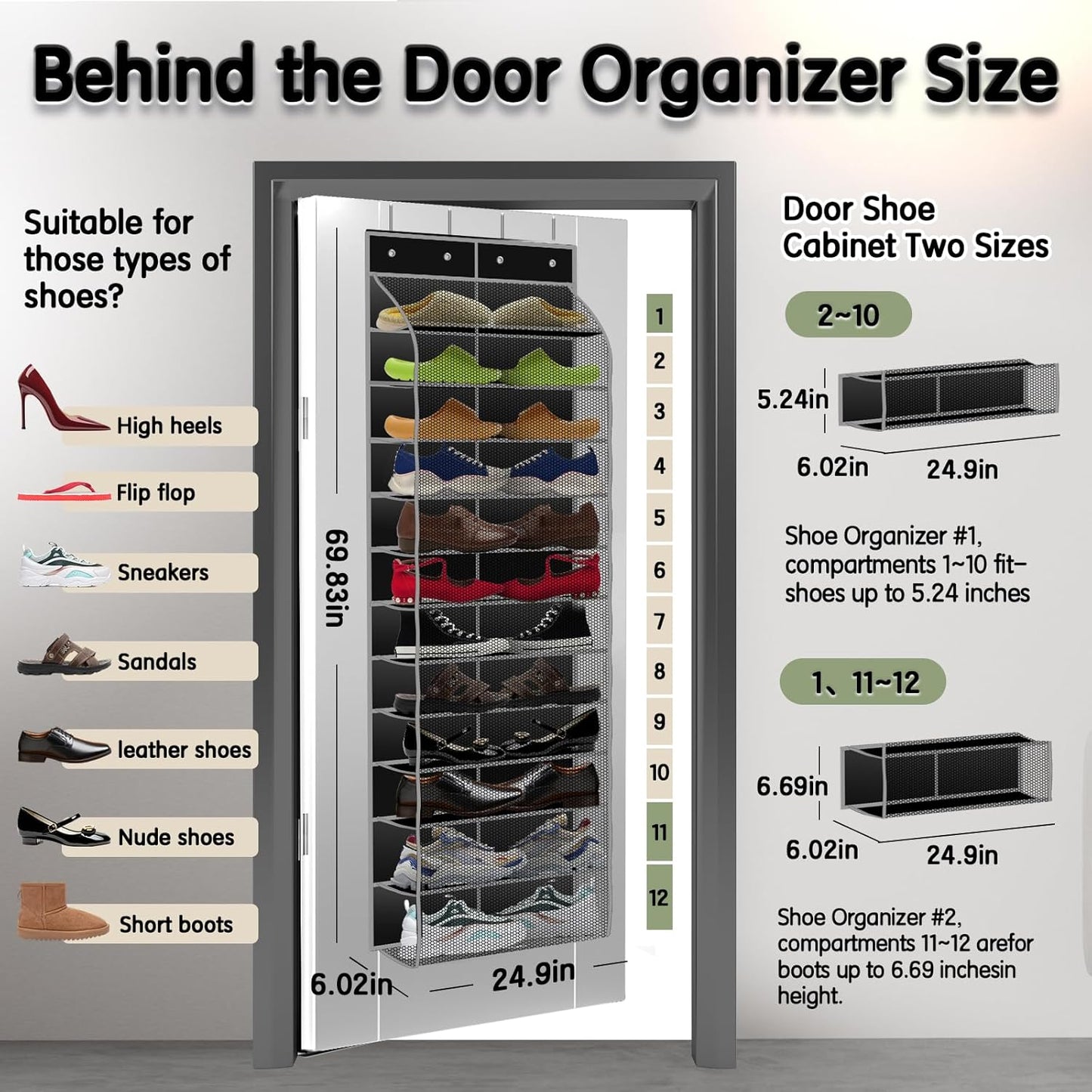 Kotkn Over The Door Shoe Organizer with 12 Large Breathable Pockets - Durable Hanging Storage for the Entire Family's Shoes (White)
