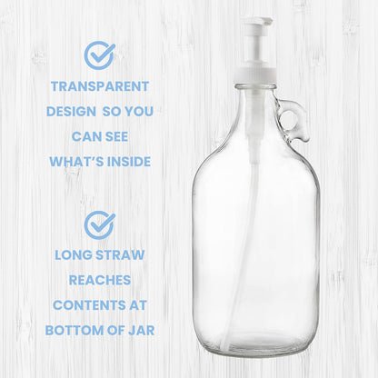 kitchentoolz Gallon Glass Pump Dispenser Bottle, Large Jug Laundry Liquid Detergent Dispenser with Pump for Laundry Room Organization, Soap, Fabric Softener, Commercial Condiment Dispenser- 128 oz