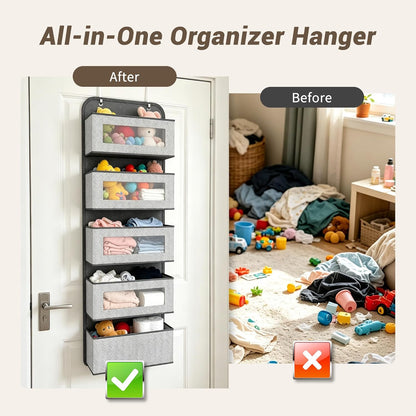 Narrow Over The Door Organizer, 5 Large Pockets Fabric Storage, 12" Wide | With Metal Hooks, Clear Window for quick view, 11.8" Slim design, Back of Door Hanging for Clothes Pantry Dorm Bedroom