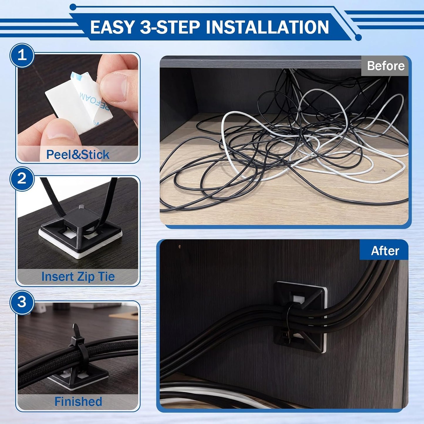 Reallnaive 300 Pcs 1/2" Black Self Adhesive Cable Zip Tie Mounts, Wire Cable Clips Holders Management Anchors Organizer Squares, Strong Adhesive Fasteners for Desk, Office & Home Cord Organizer