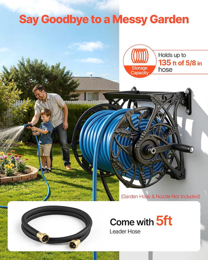 VEVOR Wall Mounted Garden Hose Reel, Holds 125 ft 5/8-inch Hose, Heavy-Duty Water Hose Winder, Space-Saving Design, Outdoor Manual Reel with Brass Fitting and Storage Basket for Yard Lawn