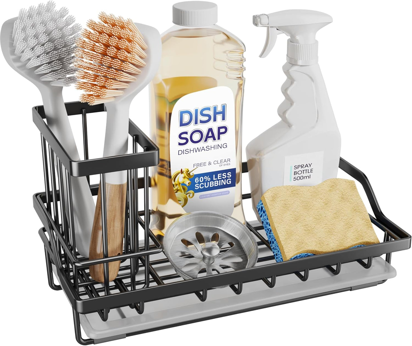 SWTYMIKI Sink Caddy Sponge Holder - Kitchen Sink Organizer with High Brush Holder for Countertop to Hold Dish Soaps and Sponges, Stainless Steel, Black
