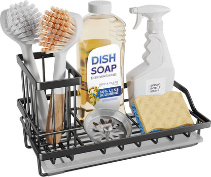 SWTYMIKI Sink Caddy Sponge Holder - Kitchen Sink Organizer with High Brush Holder for Countertop to Hold Dish Soaps and Sponges, Stainless Steel, Black