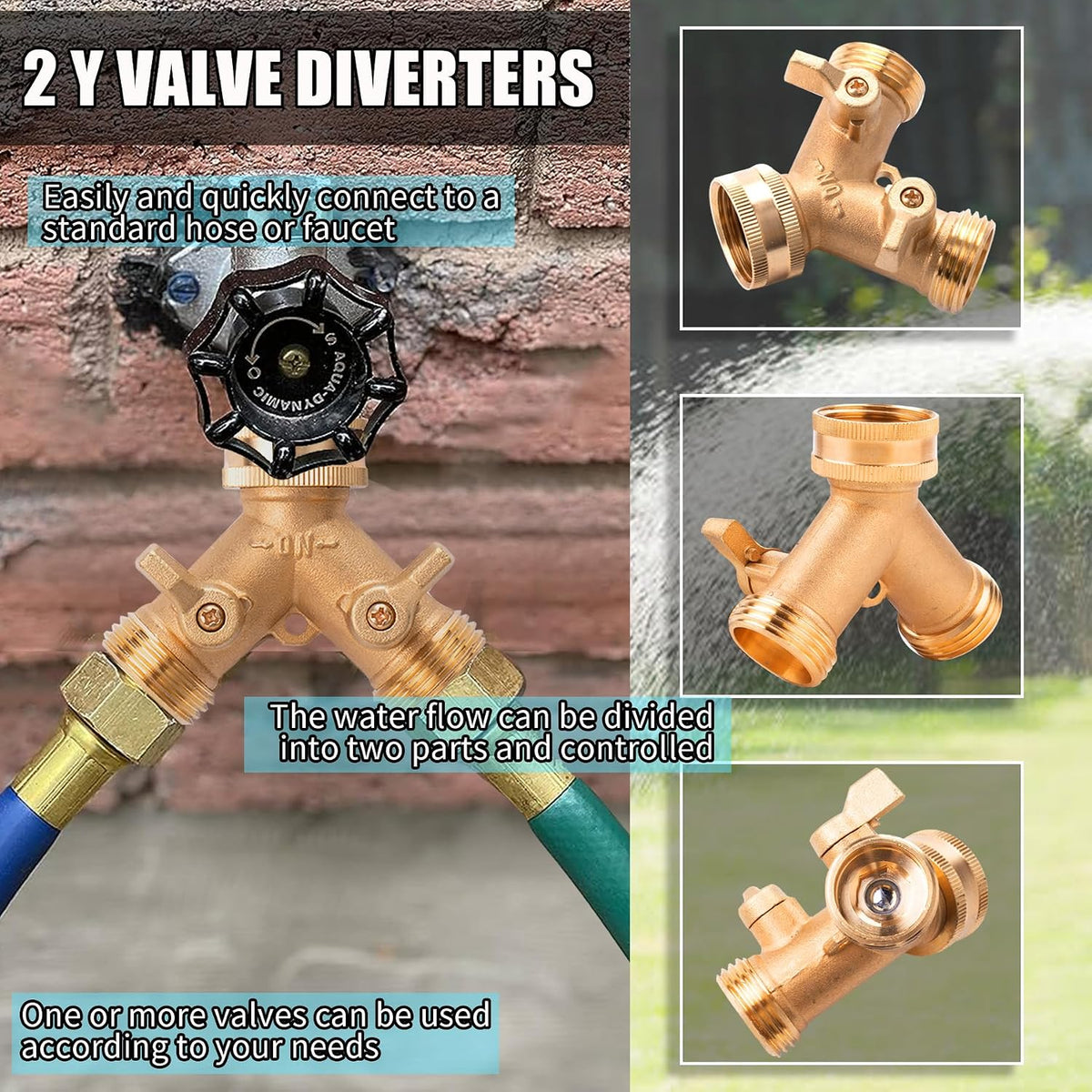 ORAEVY Brass 2 Way Hose Splitter, 3/4" Brass Y Way Garden Hose Connector with 2 Pcs Garden Hose Extension Adapter and 6 Rubber Washers