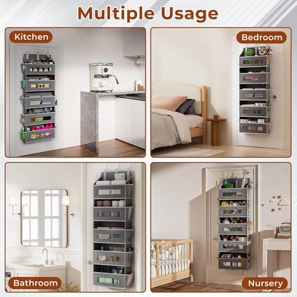 2 Pack 5 Tier Over The Door Organizer - Large Capacity Behind Door Hanging Shelves with 10 Mesh Pockets and Clear Windows, Closet Organizers and Storage for Bathroom, Bedroom, Nursery, Grey