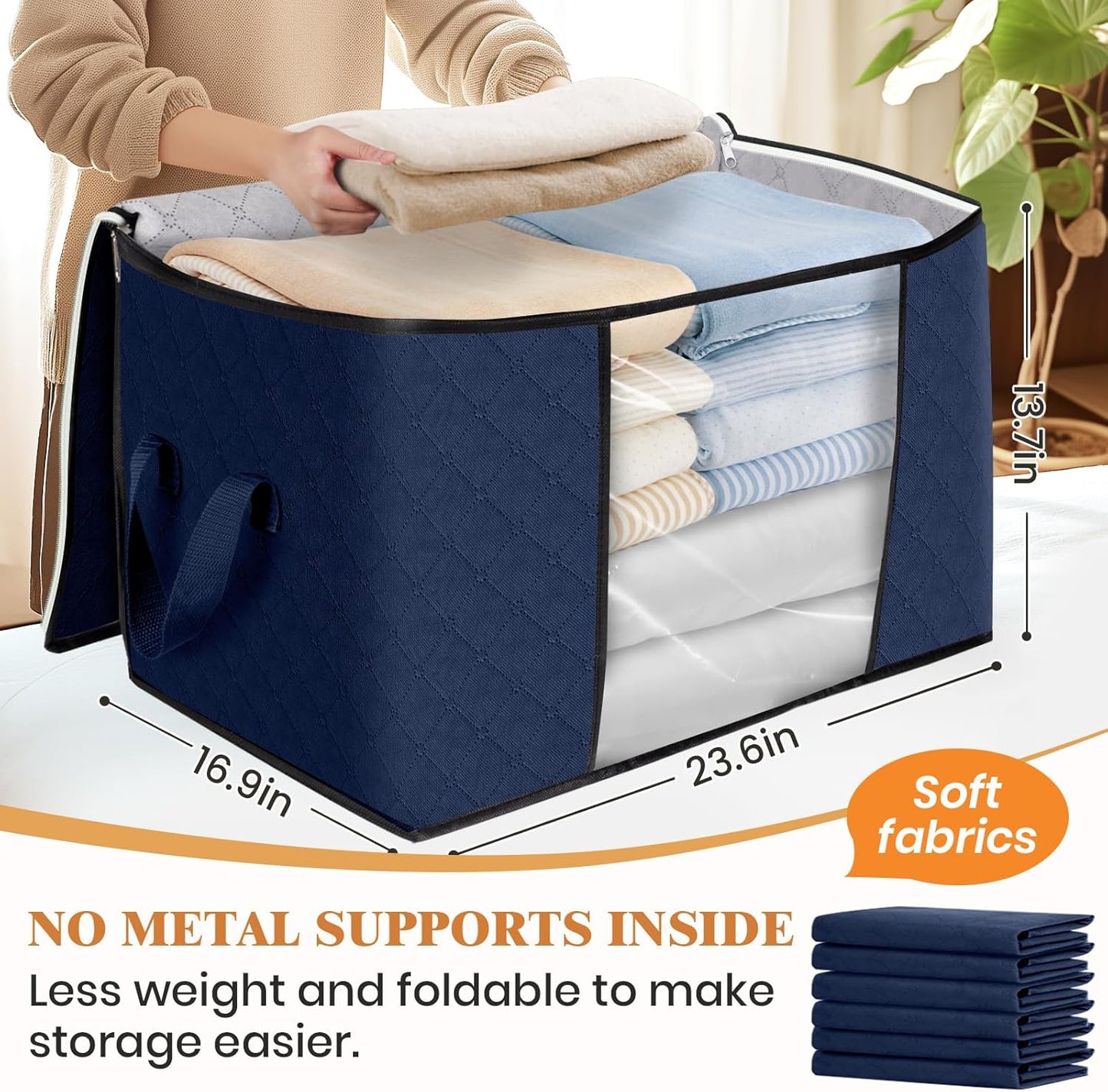 Fab totes 6 Pack Storage Bags for Clothes and Blanket, Foldable Closet Organizers and Storage with Zippers, Clear Window and Handles, Fabric Storage Bins for Sweater, Comforter, Bedding,Linen Sheets