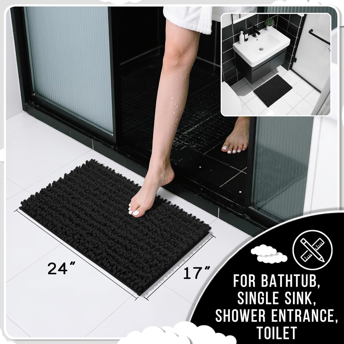 Yimobra Bathroom Rugs Non Slip Washable - Ultra Soft Absorbent Chenille Bath Mat, Quick Dry Shaggy Floor Carpet for Tub Shower, Gray Home Decor Accessories, 24x17 Inch