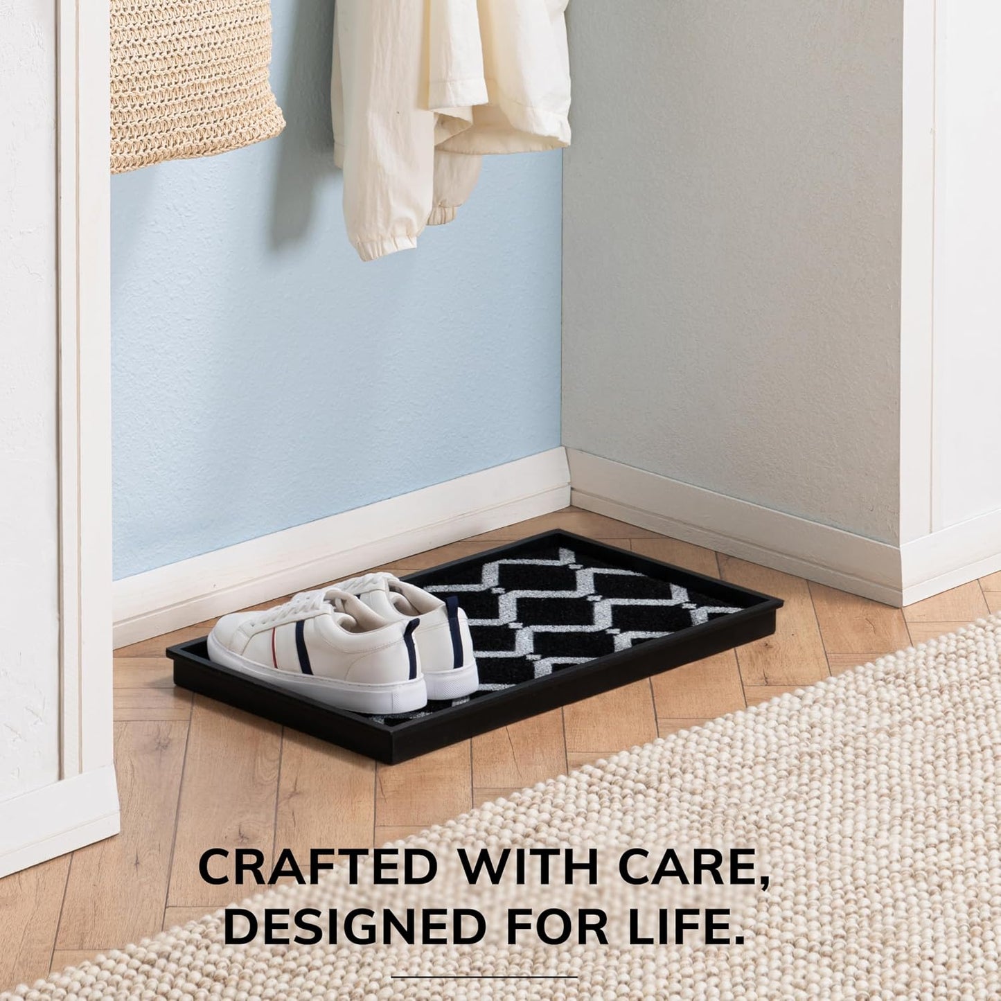 Anji Mountain Heavy Duty Waterproof Rubber Shoe Storage Mat Organizer/Boot Storage Tray Multi Use for Entryway with Coir, Tan Insert, Fits 4 Pair (46.5" Wide)