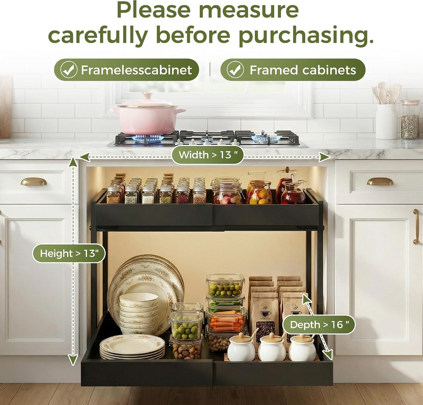 Abalter Expandable Pull Out Cabinet Organizer, 2-Tier Slide Out Drawer for Kitchen Cabinets, Adjustable Width 12–18.5", Slide Out Shelves for Kitchen, Bathroom, Pantry, Heavy Duty Caddy(White)