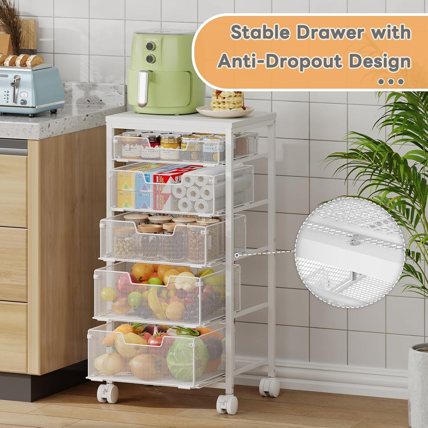 4 Tier Kitchen Rolling Cart, Kitchen Storage Cart with Wheels, Adjust Pantry Organizer and Storage Cart with Drawer, Fruit Vegetable Spice Storage Cart, Wooden Top Metal Kitchen Organizer Rack Stand