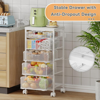 4 Tier Kitchen Rolling Cart, Kitchen Storage Cart with Wheels, Adjust Pantry Organizer and Storage Cart with Drawer, Fruit Vegetable Spice Storage Cart, Wooden Top Metal Kitchen Organizer Rack Stand