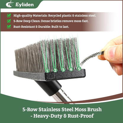 Eyliden Push Broom, 11.5-inch, Heavy Duty Moss Wire Scrub Brush | Stainless Steel Bristles, 65" Long Handle, for Deck, Floor, Concrete, Roof, Patio, Pool, Outdoor Cleaning