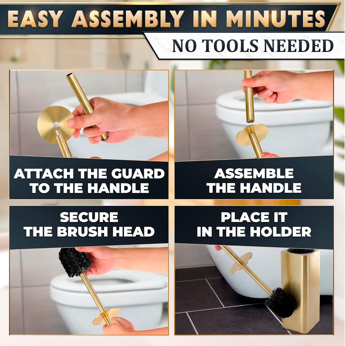 Black Toilet Brush and Holder Set - Slim Matte Design that Fits Anywhere - Stainless Steel Toilet Bowl Brush and Holder with 2 Rounded Corners, Replaceable Head, Removable Inner Bowl & Splash Guard
