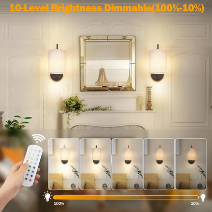 MATAMEYE Battery Operated Wall Sconce Set of 2, Black Rechargeable Wireless Wall Light Fixture with Remote, 12 RGB Colors & Timer, Indoor Dimmable Wall Lamp with Linen Shade