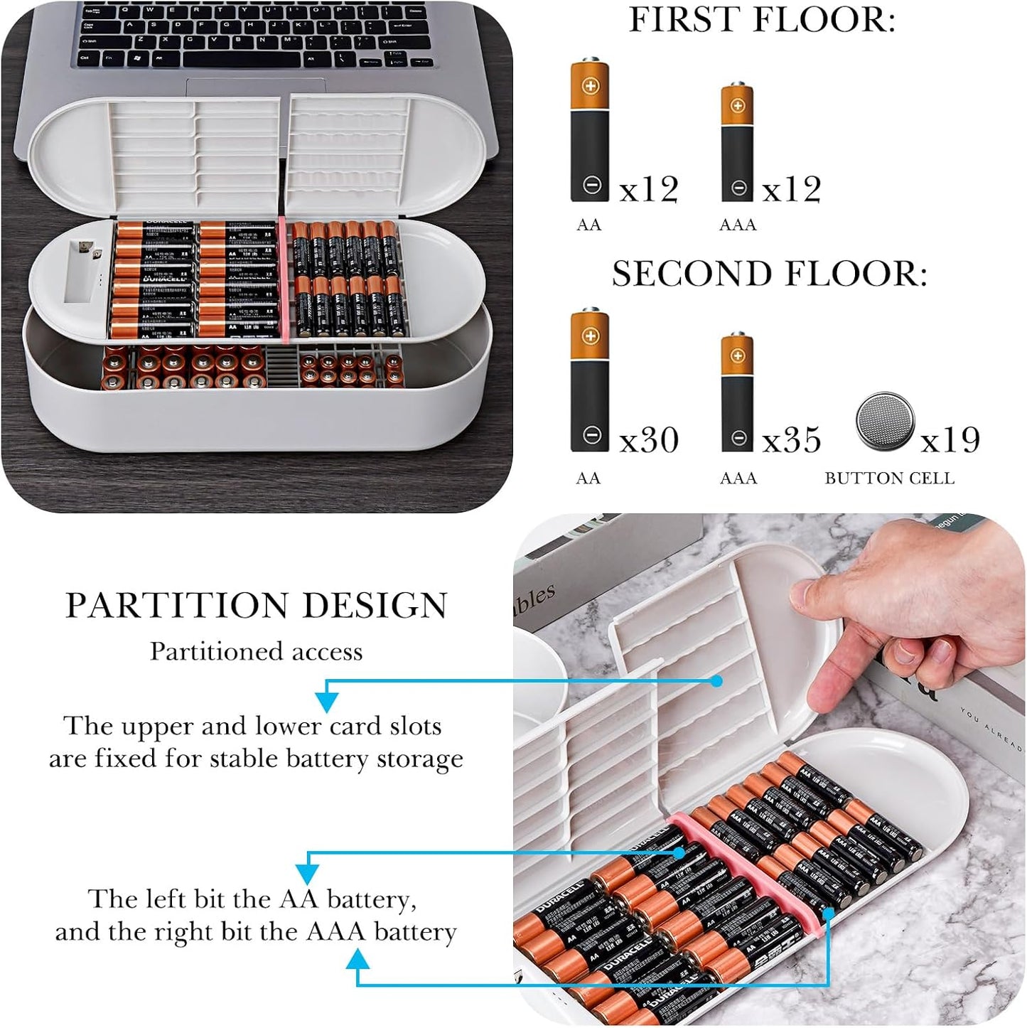 2-Layer Plastic Battery Storage Case with Tester, Portable Battery Organizer for AA, AAA and Flat Batteries (Grey)