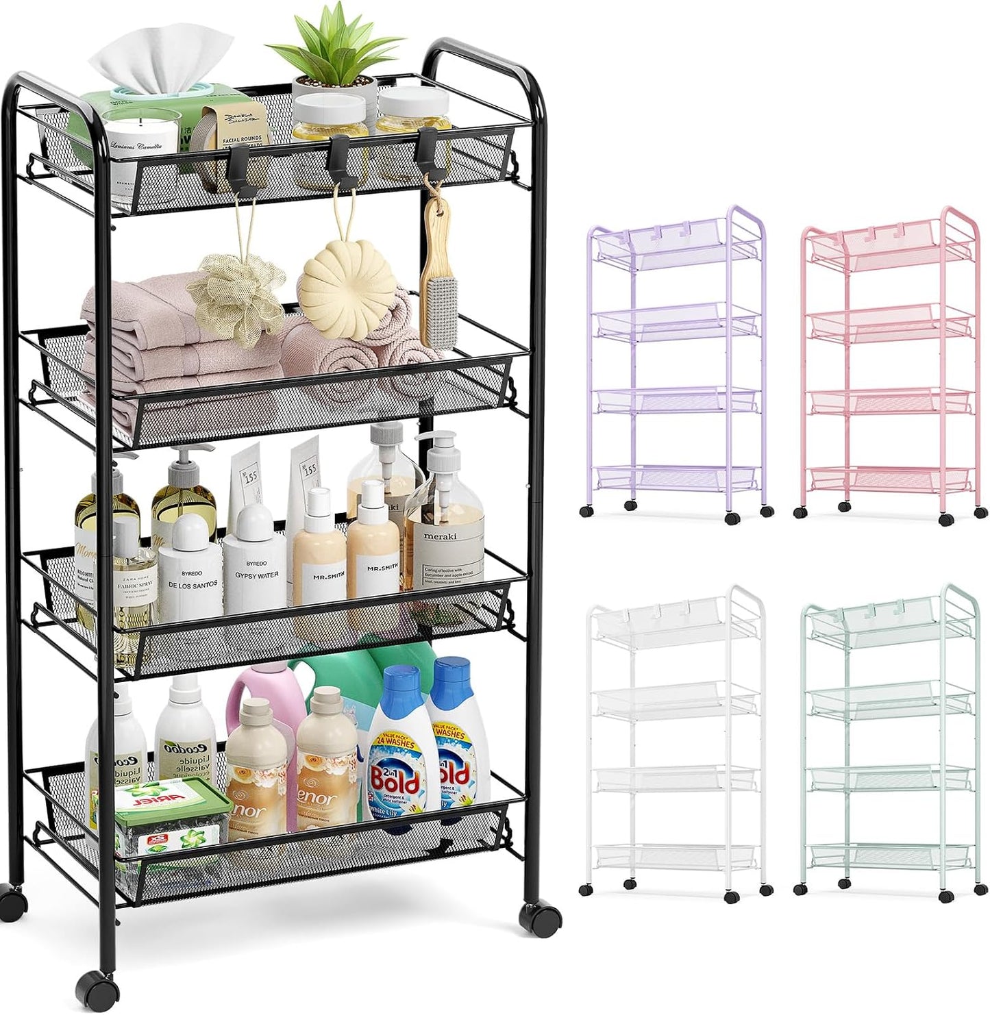 TOOLF 3-Tier Metal Rolling Cart, Mesh Wire Easy Assemble Utility Cart, Storage Trolley on Wheels with 3 Hooks, MetalStorage Shelving Units for Kitchen Bathroom Laundry Room