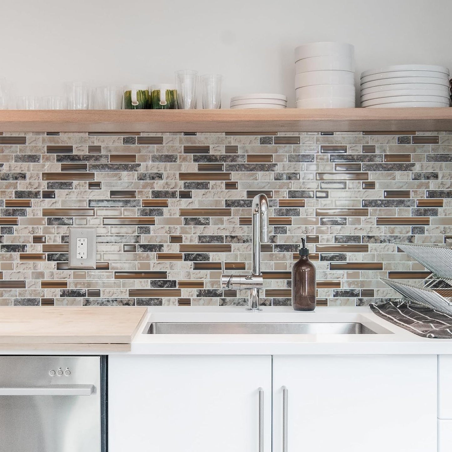 Art3d 10-Sheet Heavy-Duty Peel and Stick Backsplash, Waterproof Wall Tiles Stick on Kitchen Backsplash Living Space, Beige & White