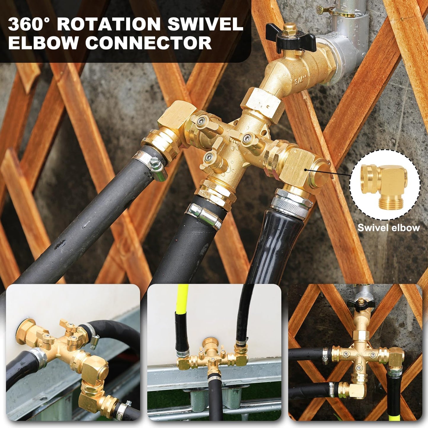 Garden Hose Splitter High Flow Splitter No Restricted-Flow Connector Heavy Duty Brass Hose Splitter with Shut Off Valves 3 way Hose Bib Adapter (Cross 3 way)