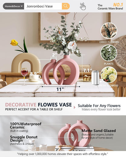7.2″Hx8.9″H Donut Shape Decorative Vase Set of 2, Ceramic, Modern Minimalism Styles, Flowers or Plant Table Vases for Home Decor Living Room Shelf Entry Console Mantle Dining Centerpiece (Matte White)