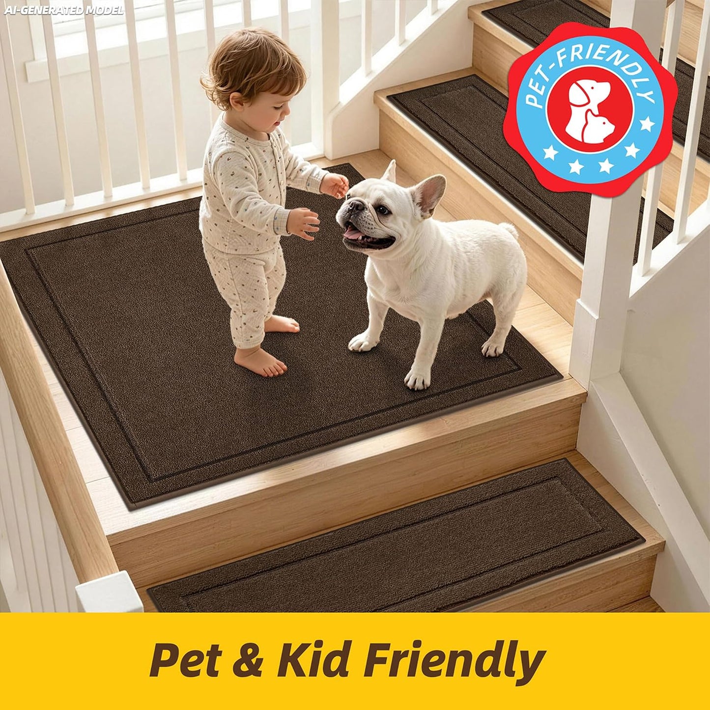 JSEI Stair Treads for Wooden Steps Indoor, 15-Pack Non Slip Stair Treads 30" x 8", Washable Polyester Stair Mats with TPE Backing, Low Profile Stair Rugs for Kids, Seniors and Dogs, Brown