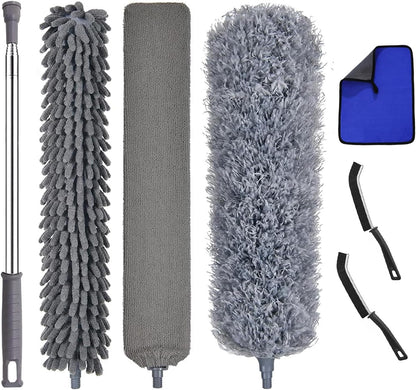 4 Pcs Microfiber Cobweb Duster with 100-inch Extendable Pole, Washable and Reusable Feather Cleaning Duster Kit with 3 Duster Heads,Dusters for Cleaning with Telescopic Pole for High Ceiling Fan
