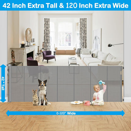 42 Inch Extra Tall Retractable Baby Gates with Reinforced Strips 55 Inch Wide Outdoor Retractable Dog Gate No Sag Extra Tall Baby Gate for Doorway Anti-Scratch Mesh Gates for Kids or Pets, White