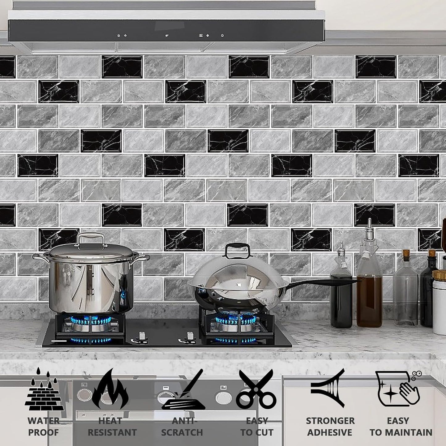 URCOLOR 10-Sheet Subway Tile Peel and Stick Backsplash for Kitchen,12"x12" Self Adhesive Wall Tiles Sticker on Back Splashes for Bathroom Gray Marble Design