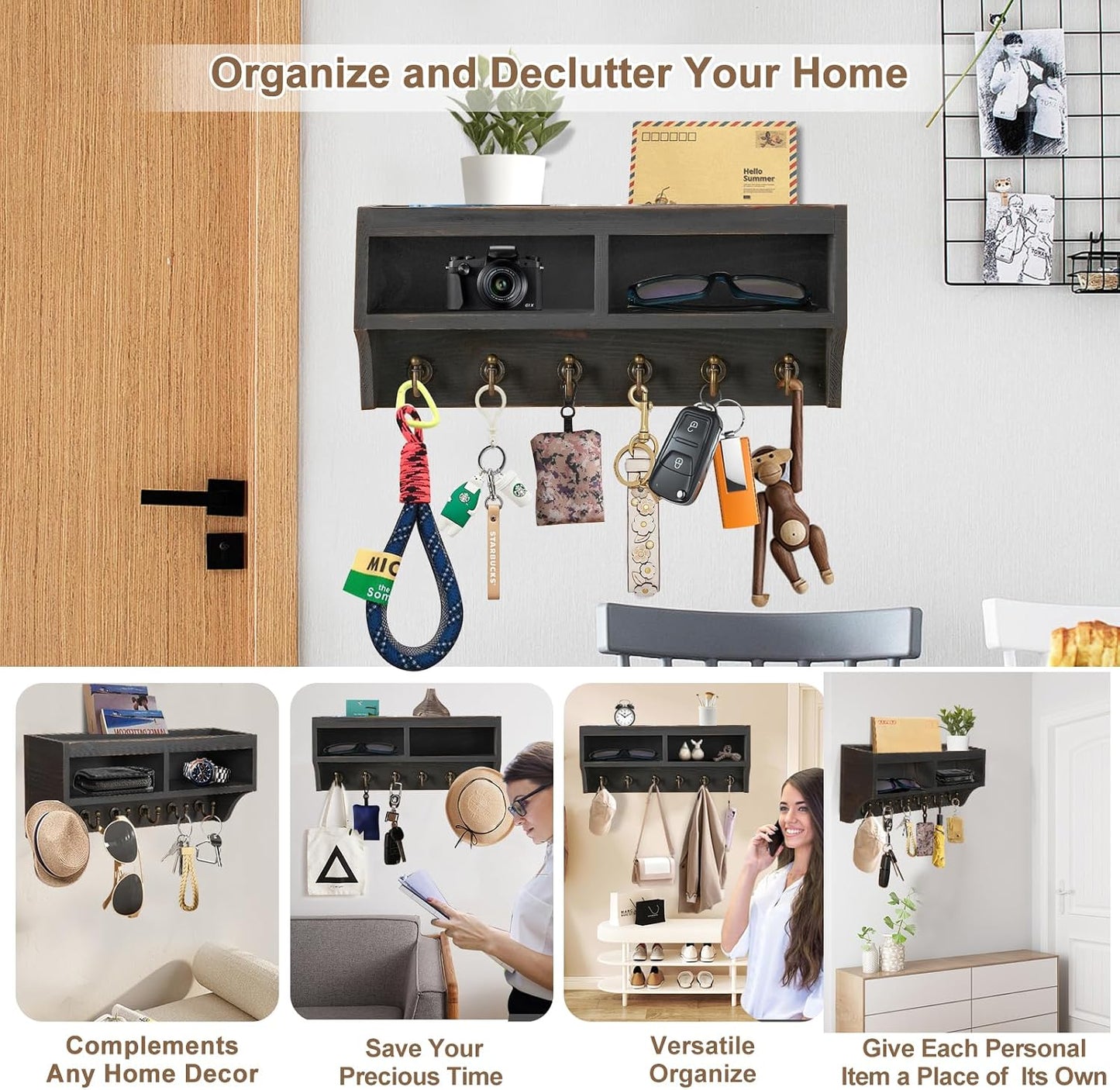Key Holder Wall Mount - Mail Organizer Wall Mount with 6 Key Hooks and Storage Box for Sunglasses Storage and Dog Leash Holder Home Decor Rack Apartment Farmhouse Shelf Entryway Organizer (Black)
