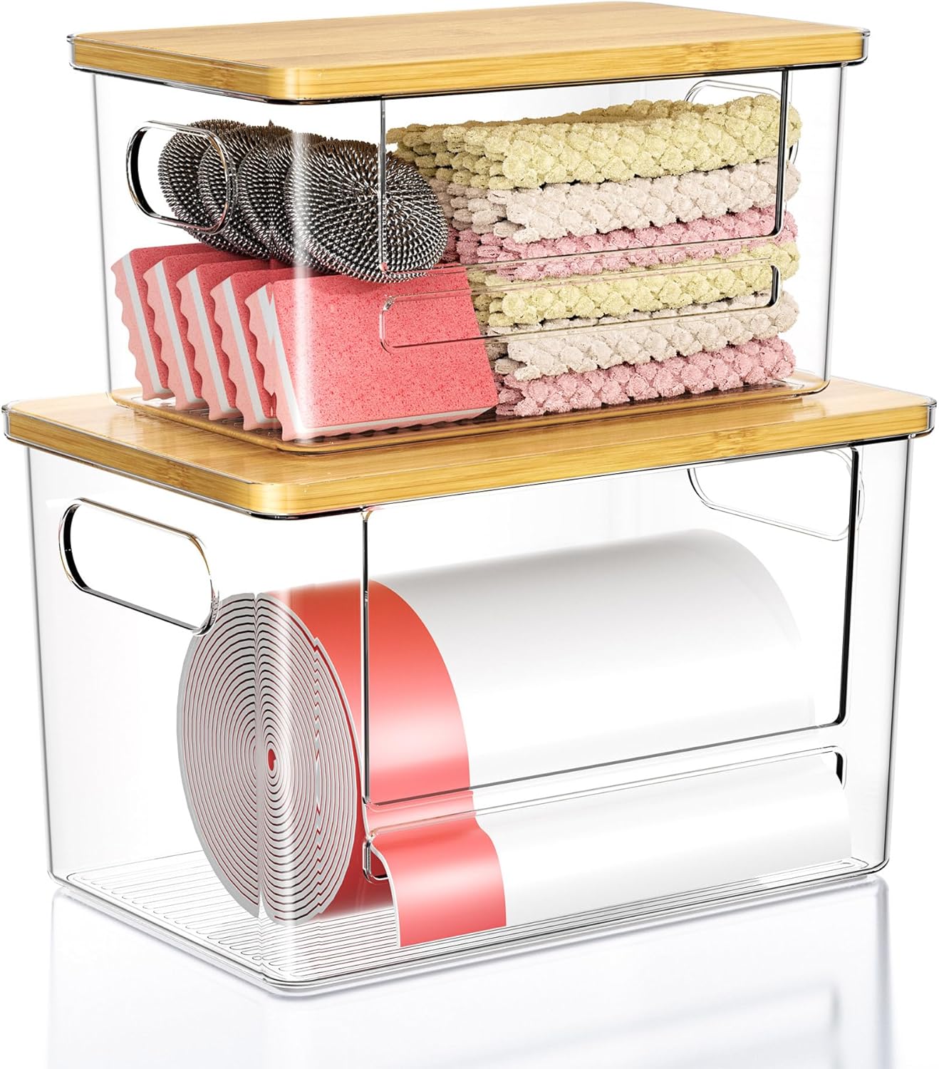 Trash Bag Dispenser 2 Pack - Under Sink Organizer, Plastic Bag Holder, Stackable Acrylic Garbage Bag Storage with Bamboo Lid for Kitchen Cabinet, 13/30/33 Gallon Grocery Bag Dispenser