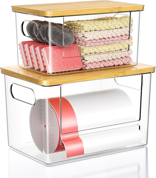 Trash Bag Dispenser 2 Pack - Under Sink Organizer, Plastic Bag Holder, Stackable Acrylic Garbage Bag Storage with Bamboo Lid for Kitchen Cabinet, 13/30/33 Gallon Grocery Bag Dispenser