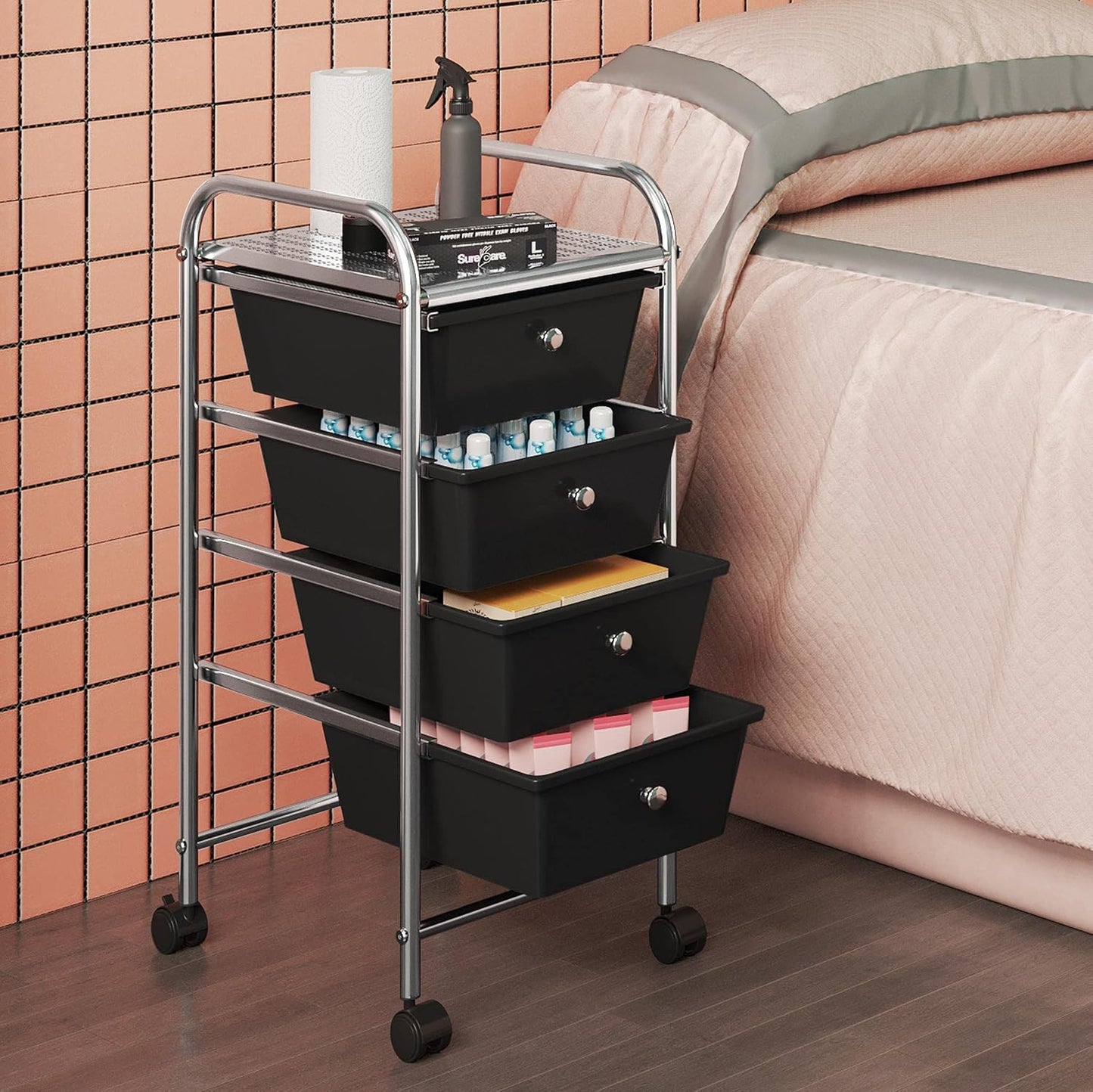 Yaheetech 4-Drawer Rolling Storage Cart with Wheels, Slim Organizer, Black | Four drawers plus a top shelf organize craft to bath gear; slim chrome-steel frame, plastic bins, locking wheels, easy setup.