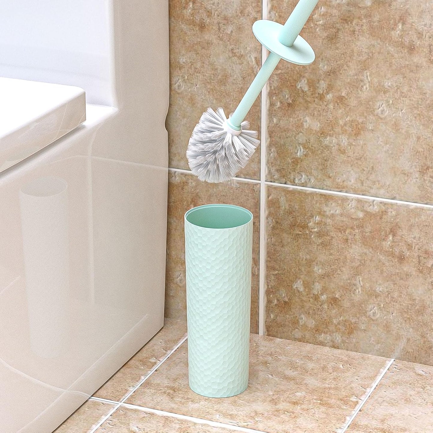 Topsky 2 Pack Compact Toilet Brush & Holder Set, Plastic Round Barrel Loo Brush with 2 Replacement Toilet Brush Head, Durable for Bathroom Toilet, Gray