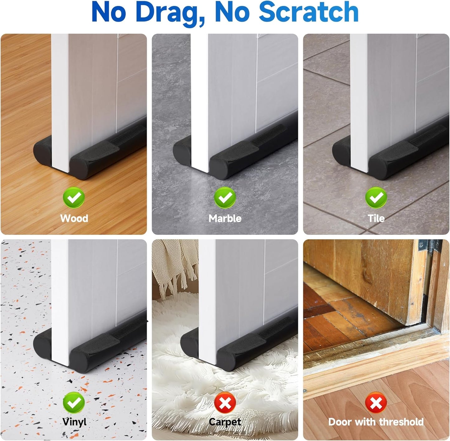 2 Pack Door Draft Stopper, Under Door Sweep Blocks Cold Air & Noise, Energy Saving, Adjustable Weather Stripping Seal, Heavy-Duty Non-Slip Design for Exterior/Interior Doors, Easy to Install