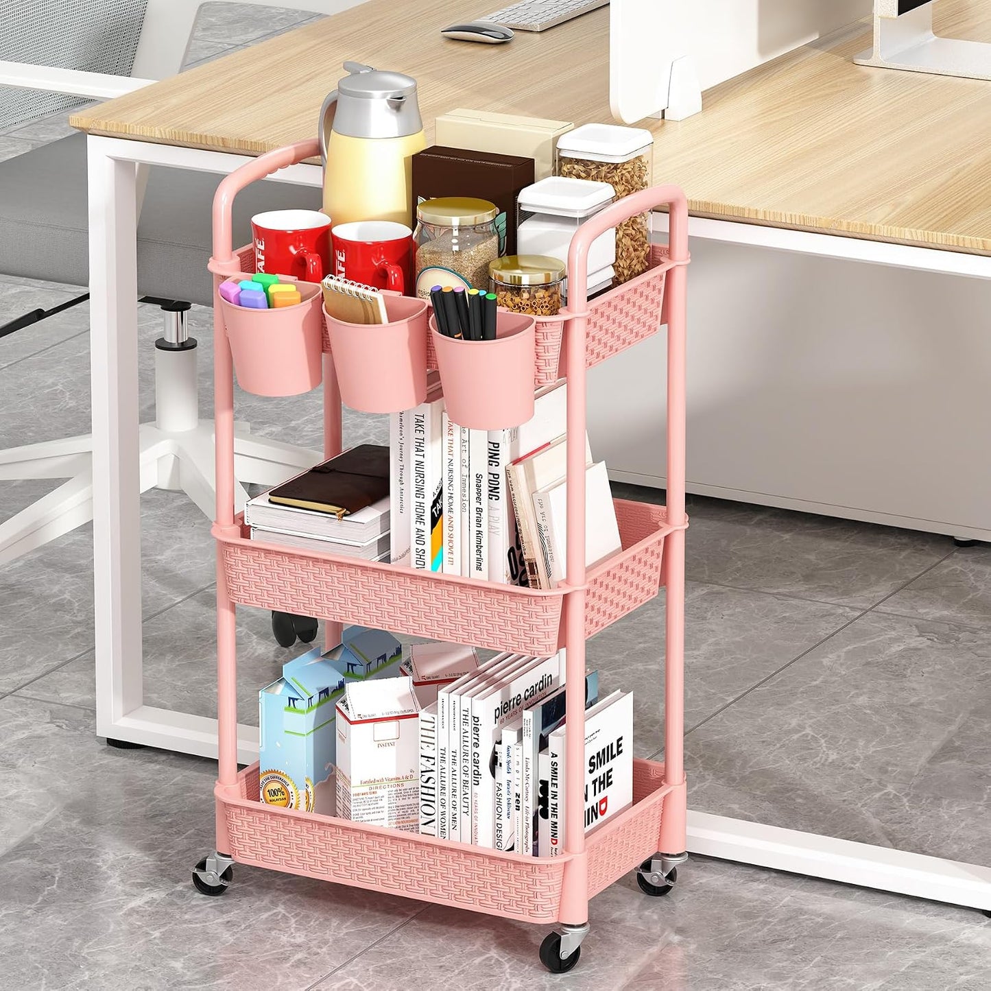 MOYIPIN 3-Tier Plastic Rolling Utility Cart with Handle,Utility Storage Cart for Office, Living Room, Kitchen,Movable Storage Organizer Shelves,White