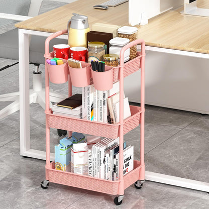 MOYIPIN 3-Tier Plastic Rolling Utility Cart with Handle,Utility Storage Cart for Office, Living Room, Kitchen,Movable Storage Organizer Shelves,White