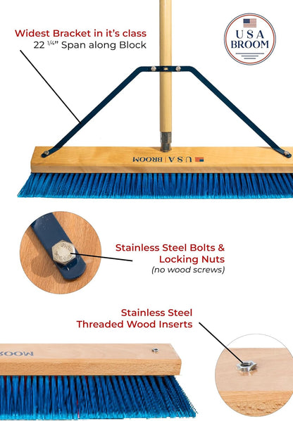 36" Heavy Duty Outdoor Push Broom with 60" Handle. Ideal for Asphalt, Concrete & Heavy Debris. Durable American Made Steel Brackets-Stainless Steel Hardware. No Plastic. 100% USA Made