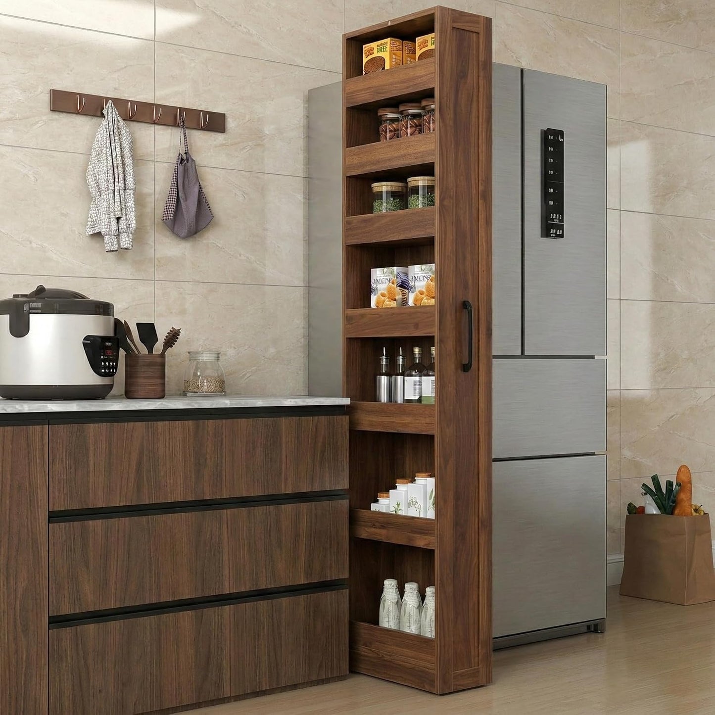 Slim Rolling Storage Cart, 6-Tier Pull-Out Spice Rack with Handle & Wheels, Narrow Kitchen Organizer for Next to Fridge, Pantry, Laundry Room,11.8 Inch Wide Space Saver（Black, With Side Panel)